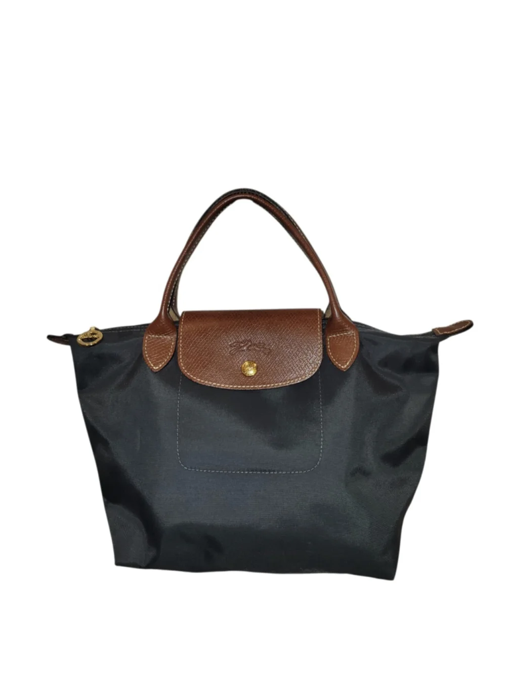 LONGCHAMP Women's Gray Pliage Medium Leather Trim Double Top Handle Satchel Bag